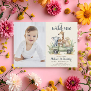 Wild One Safari Boy Photo 1st Birthday Invitation