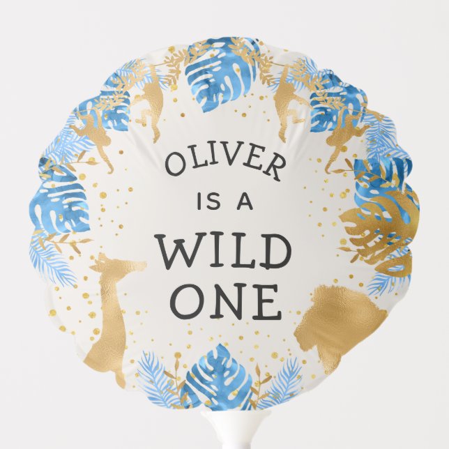 Wild One Safari Boys 1st Birthday Blue Gold Ecru Balloon (Front)