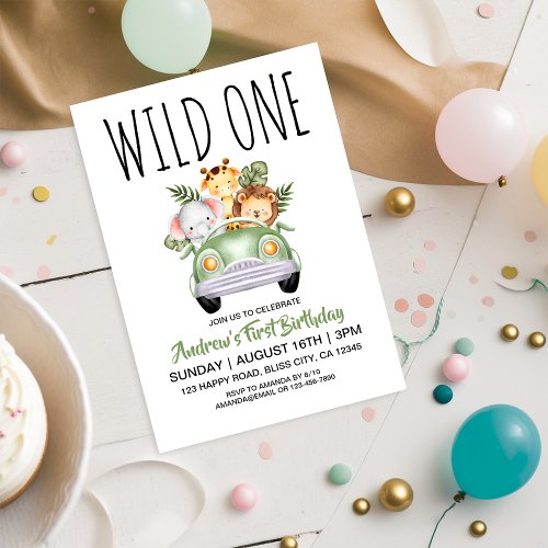 Wild One Safari Car 1st Birthday Invitation