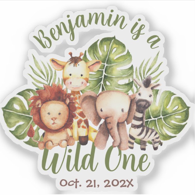 Wild One Safari Cute Animals Green Leaves  Sticker (Front)
