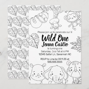 Wild One Safari First Birthday Coloring Invitation