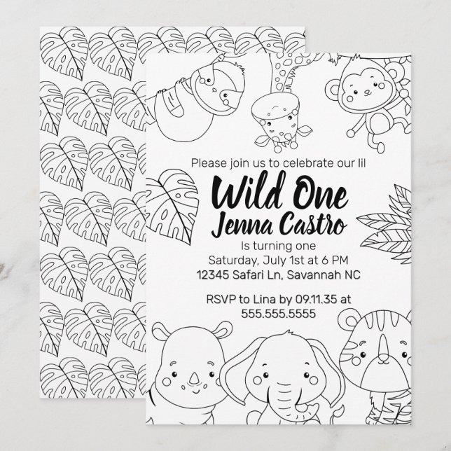 Wild One Safari First Birthday Coloring Invitation (Front/Back)