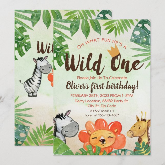Wild One, Safari First Birthday Invitation (Front/Back)