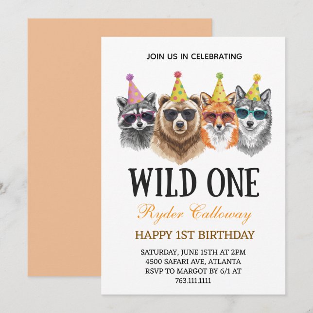 Wild One Safari First Birthday – Jungle Animal  Invitation (Front/Back)