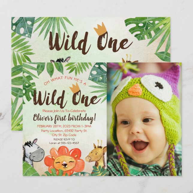 Wild One, Safari First Birthday, Photo Invitation (Front/Back)