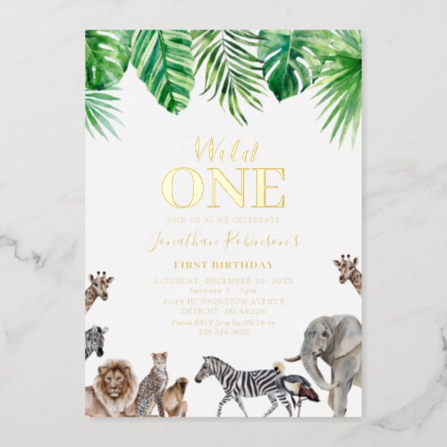 Wild One Safari First Birthday Real Foil Invitation