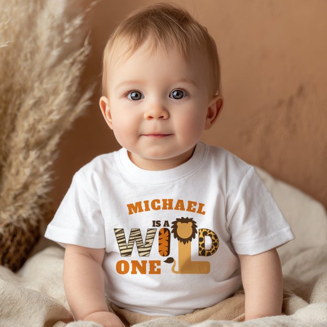 WILD ONE Safari First Birthday with Name Baby T-Shirt (Creator Uploaded)
