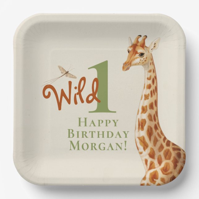 Wild One Safari Giraffe Birthday Gender Neutral Paper Plates (Front)