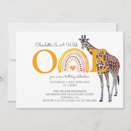 Wild One Safari Giraffe Girls First Birthday Invitation