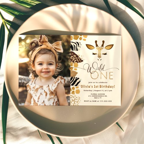 Wild One Safari giraffe modern 1st birthday photo Invitation