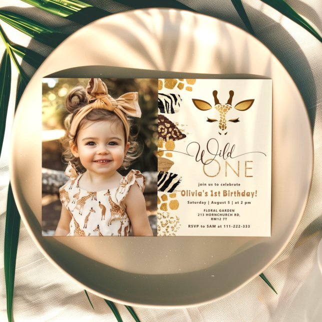 Wild One Safari giraffe modern 1st birthday photo Invitation (Creator Uploaded)