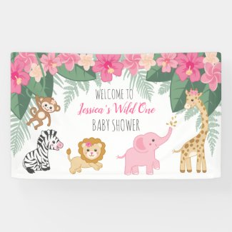 Wild one Safari / Girl Jungle BABY shower welcome Banner