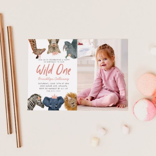 Wild One Safari Girls First Birthday Party Photo Invitation