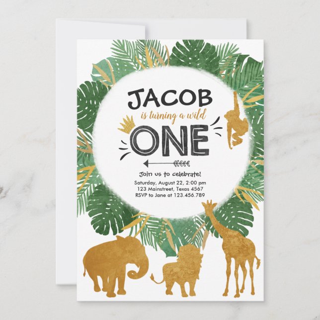 Wild One Safari Gold Boy Animals Birthday Party Invitation (Front)