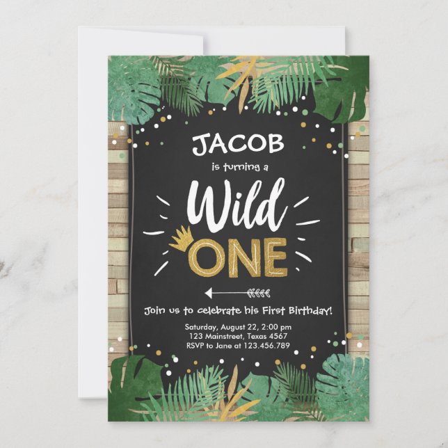 Wild One Safari Gold Boy Animals Birthday Party Invitation (Front)