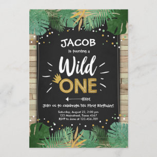 Wild One Safari Gold Boy Animals Birthday Party Invitation