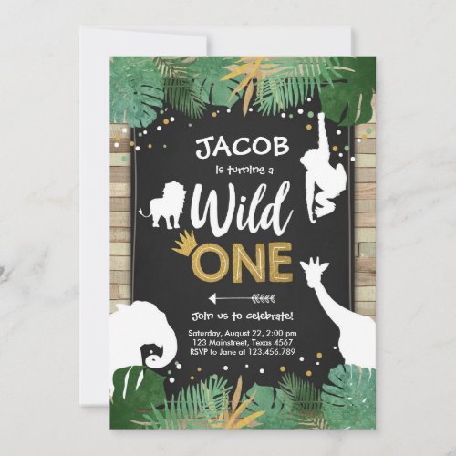 Wild One Safari Gold Boy Animals Birthday Party Invitation