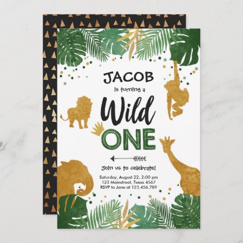Wild One Safari Gold Boy Animals Birthday Party Invitation