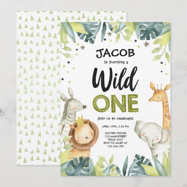 Wild One Safari Gold Boy Green Animals Birthday Invitation (Front/Back)