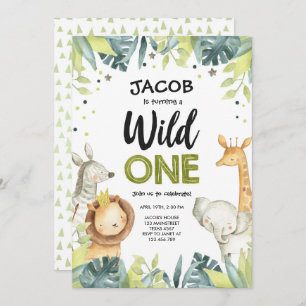 Wild One Safari Gold Boy Green Animals Birthday Invitation