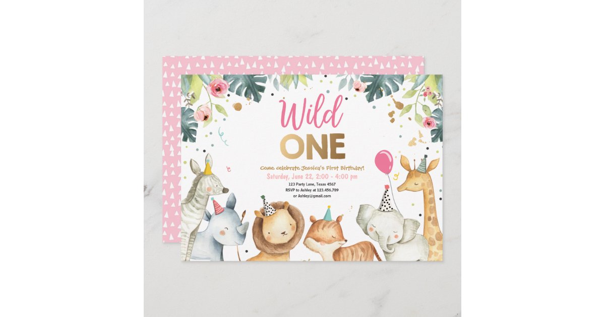 Download Wild One Safari Gold Girl Animals Birthday Party Invitation Zazzle Com