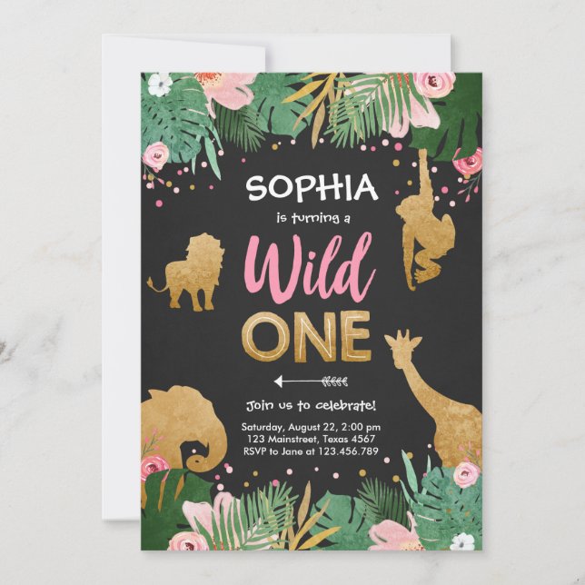 Wild One Safari Gold Girl Pink Animals Birthday Invitation (Front)