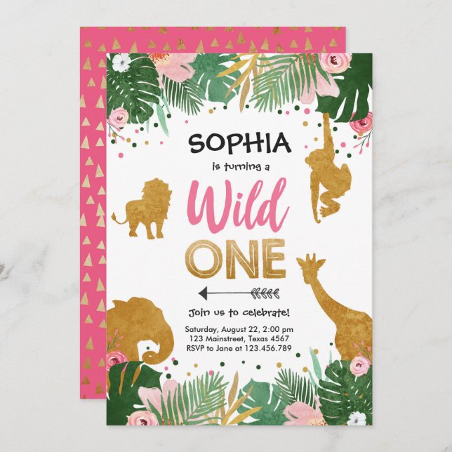 Wild One Safari Gold Girl Pink Animals Birthday Invitation (Front/Back)