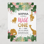 Wild One Safari Gold Girl Pink Animals Birthday Invitation (Front/Back)