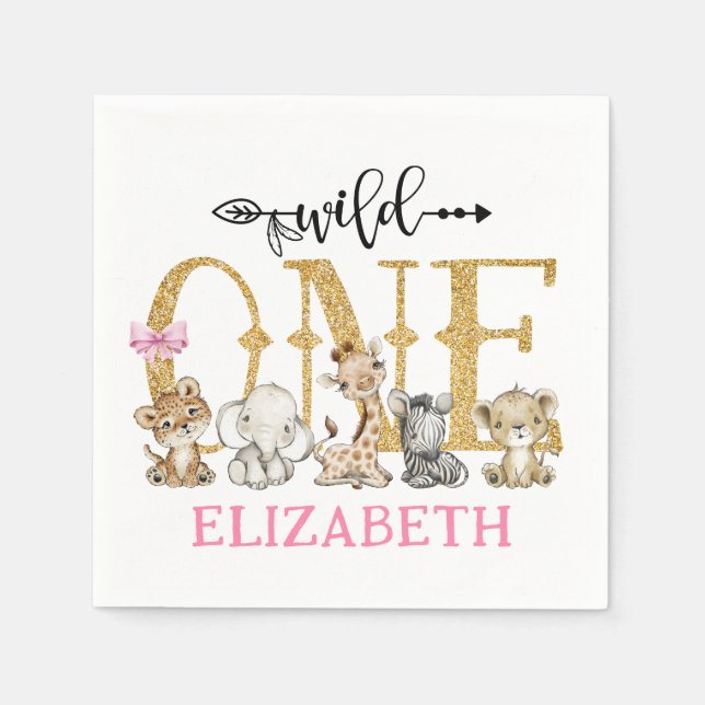 Wild One Safari Gold Glitter First Birthday Napkins (Front)