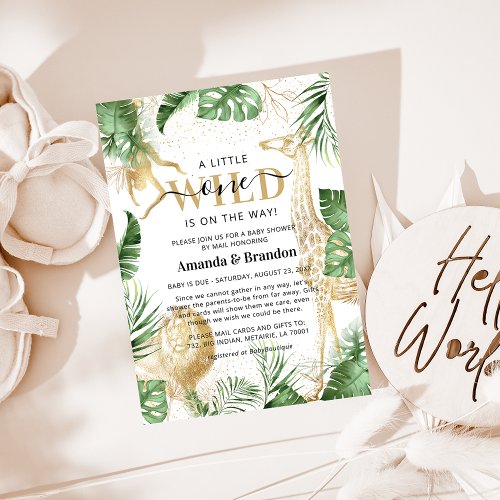 Wild One Safari Green  Gold Baby Shower By Mail Invitation