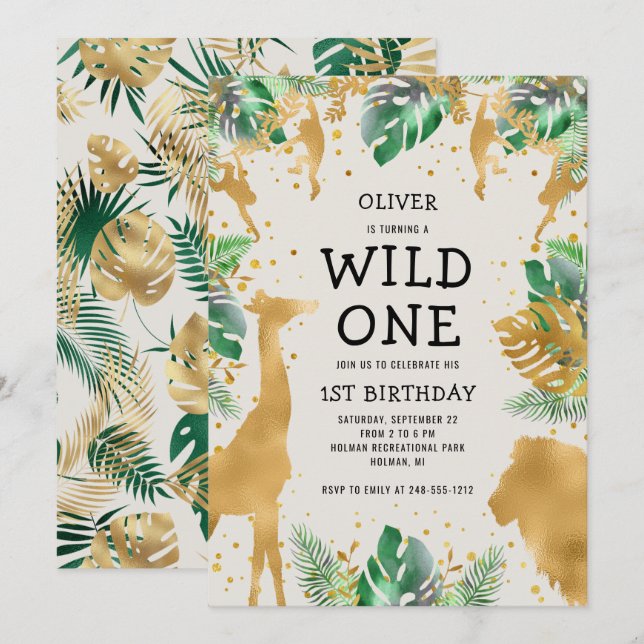 Wild One Safari Green Gold Ecru 1st Birthday Invitation (Front/Back)
