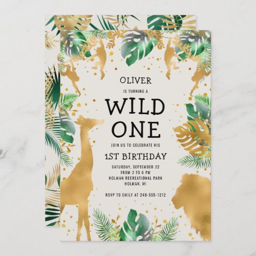 Wild One Safari Green Gold Ecru 1st Birthday Invitation