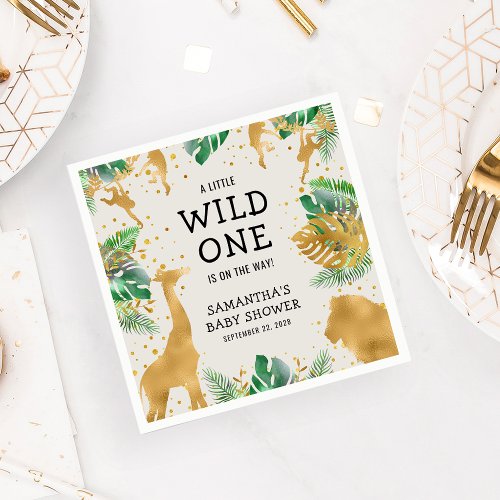 Wild One Safari Green Gold Ecru Baby Shower Napkins