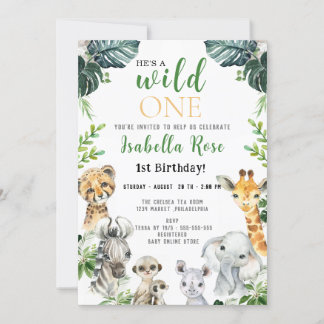 Wild One Safari green leaves Birthday Invitation