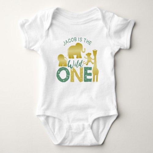 Wild One Safari Jungle 1st Birthday Gold Green Baby Bodysuit