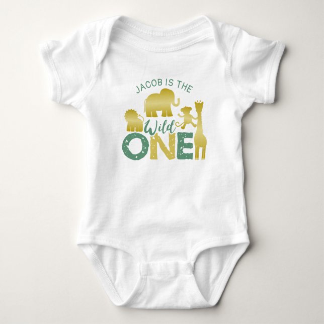 Wild One Safari Jungle 1st Birthday Gold Green Baby Bodysuit (Front)