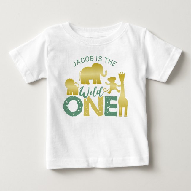 Wild One Safari Jungle 1st Birthday Gold Green Baby T-Shirt (Front)