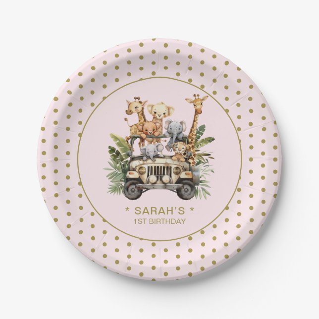 Wild One Safari Jungle 1st First Birthday Pink Paper Plates (Front)