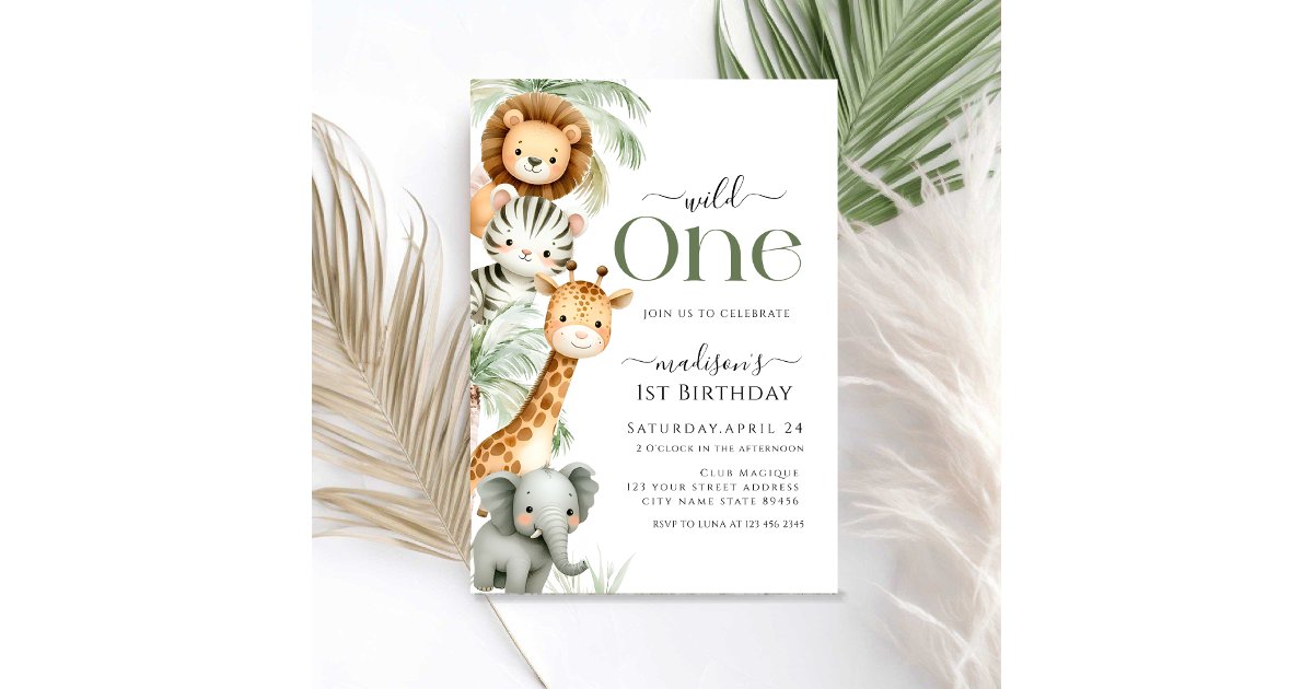 Wild One Safari Jungle Animal Boy 1st Birthday Inv Invitation | Zazzle