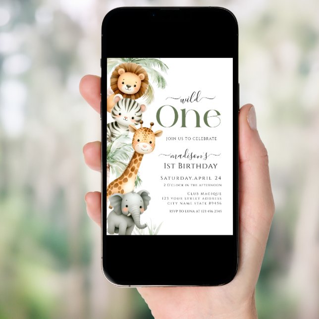 Wild One Safari Jungle Animal Boy 1st Birthday Inv Invitation (Front Digital)