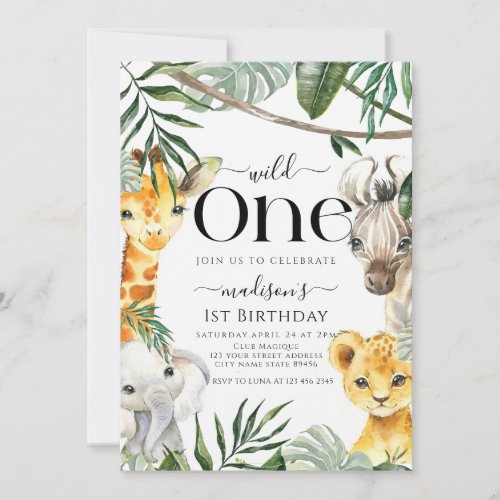 Wild One Safari Jungle Animal Boy 1st Birthday Invitation