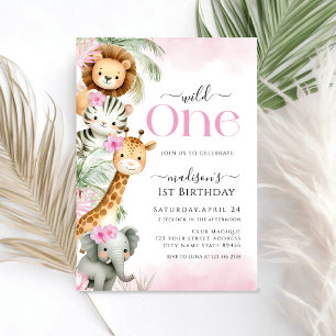 Wild One Safari Jungle Animal girl 1st Birthday Invitation