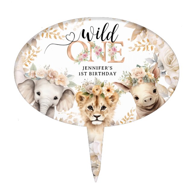Wild ONE | Safari Jungle Animals 1st Birthday Girl Cake Topper (Front)