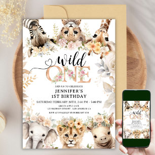 Wild ONE Safari Jungle Animals 1st Birthday Girl Invitation