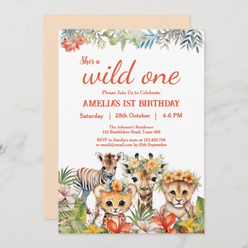 Wild One Safari Jungle Animals 1st Birthday Girl   Invitation