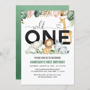 Wild one Safari Jungle Animals 1st Birthday Invitation