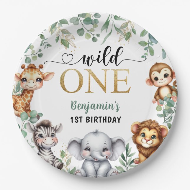 Wild One | Safari Jungle Animals 1st Birthday Paper Plates (Front)