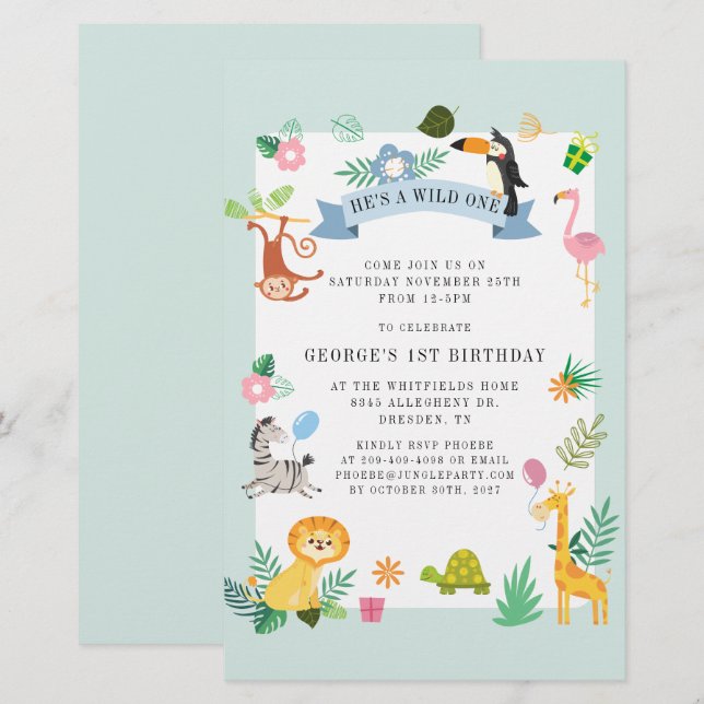 Wild One Safari Jungle Animals 1st Birthday Stationery (Front/Back)