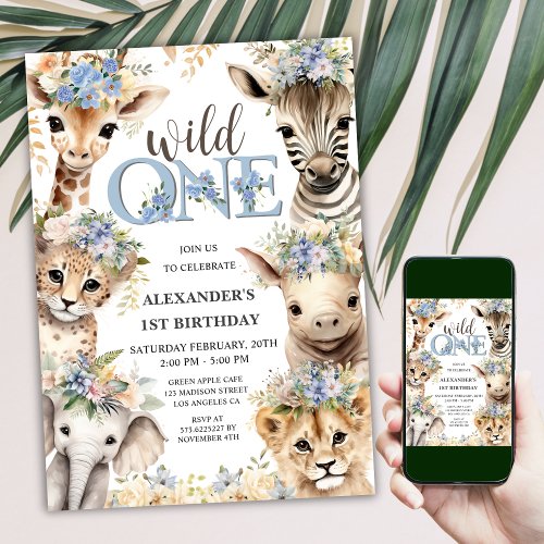 Wild One Safari Jungle Animals Boy 1st Birthday Invitation