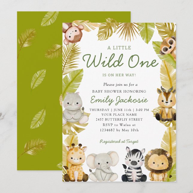 Wild One Safari jungle Animals Boy Baby Shower  Invitation (Front/Back)
